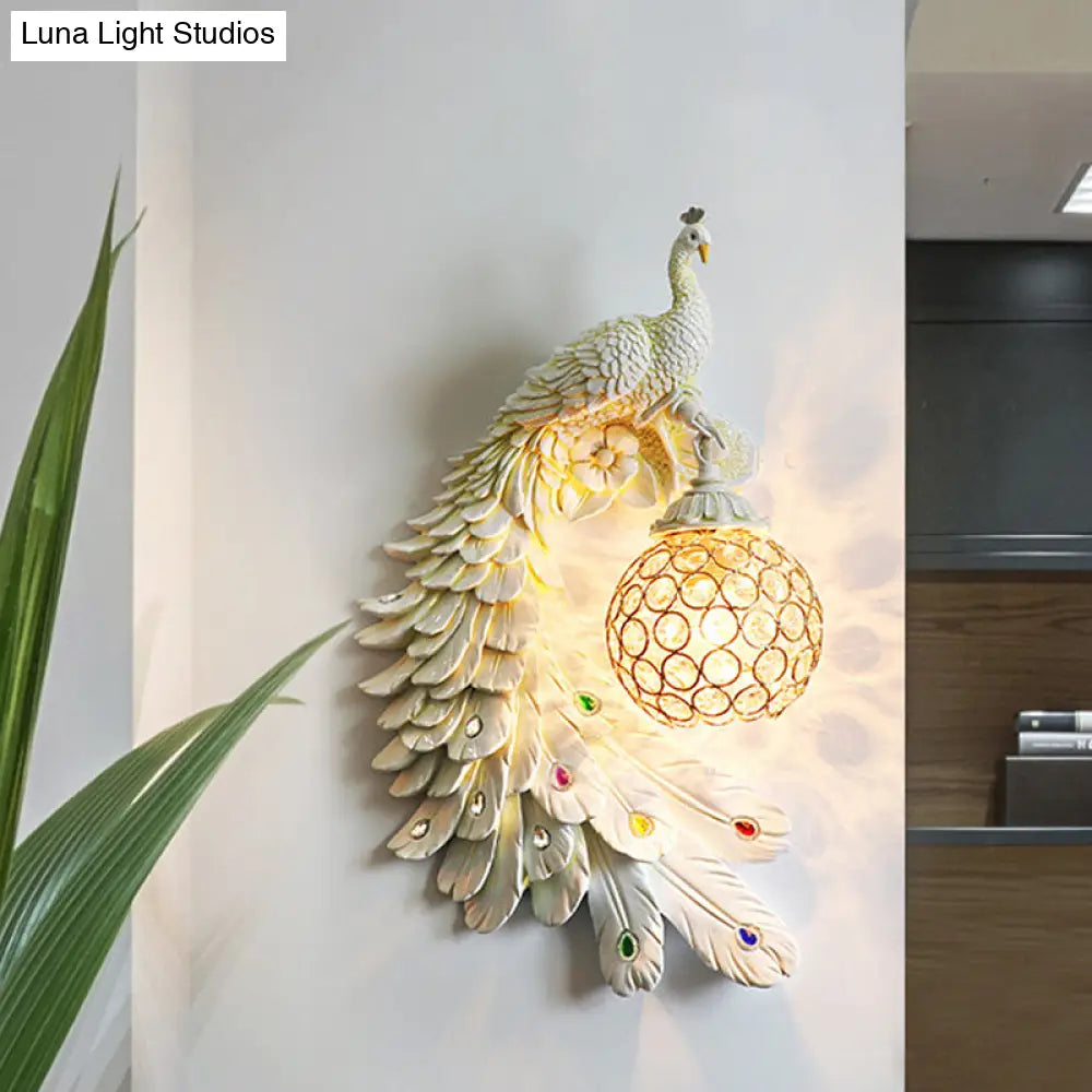Peacock Wall Sconce - Single Head Cottage White/Red/Blue Resin Light Fixture With Crystal Shade