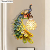 Peacock Wall Sconce - Single Head Cottage White/Red/Blue Resin Light Fixture With Crystal Shade