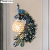 Peacock Wall Sconce - Single Head Cottage White/Red/Blue Resin Light Fixture With Crystal Shade