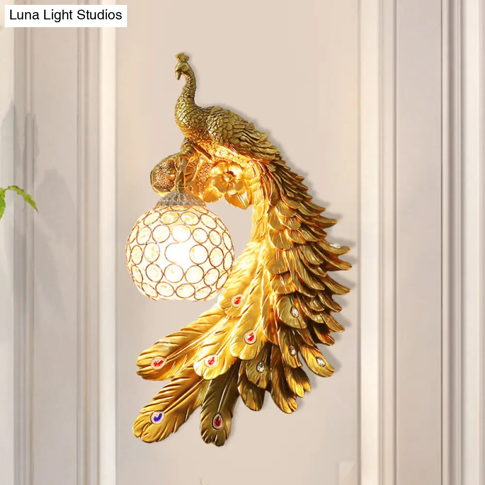 Peacock Wall Sconce - Single Head Cottage White/Red/Blue Resin Light Fixture With Crystal Shade