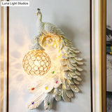 Peacock Wall Sconce - Single Head Cottage White/Red/Blue Resin Light Fixture With Crystal Shade