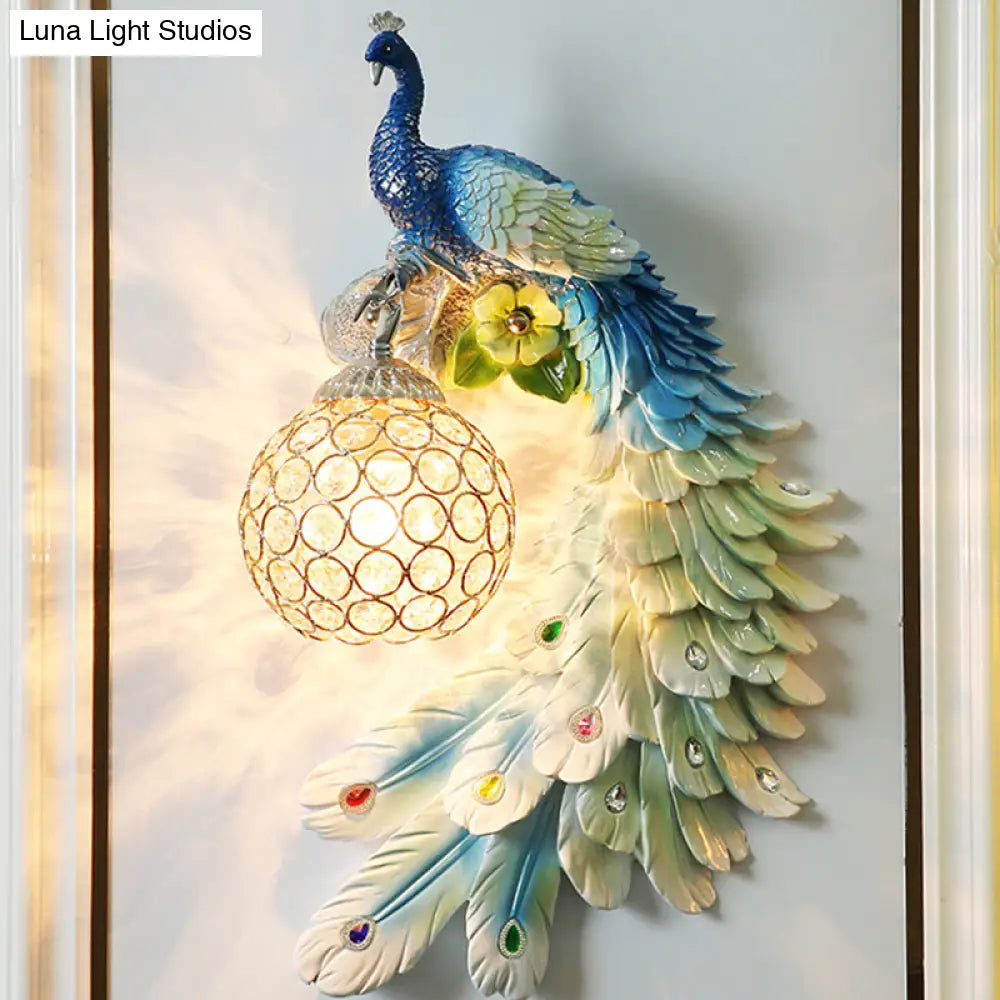 Peacock Wall Sconce - Single Head Cottage White/Red/Blue Resin Light Fixture With Crystal Shade