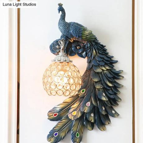 Peacock Wall Sconce - Single Head Cottage White/Red/Blue Resin Light Fixture With Crystal Shade