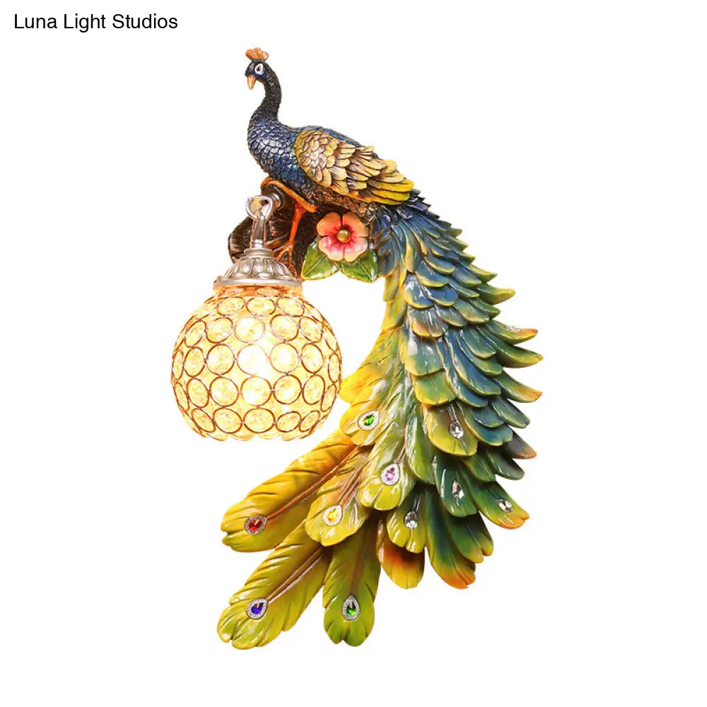 Peacock Wall Sconce - Single Head Cottage White/Red/Blue Resin Light Fixture With Crystal Shade