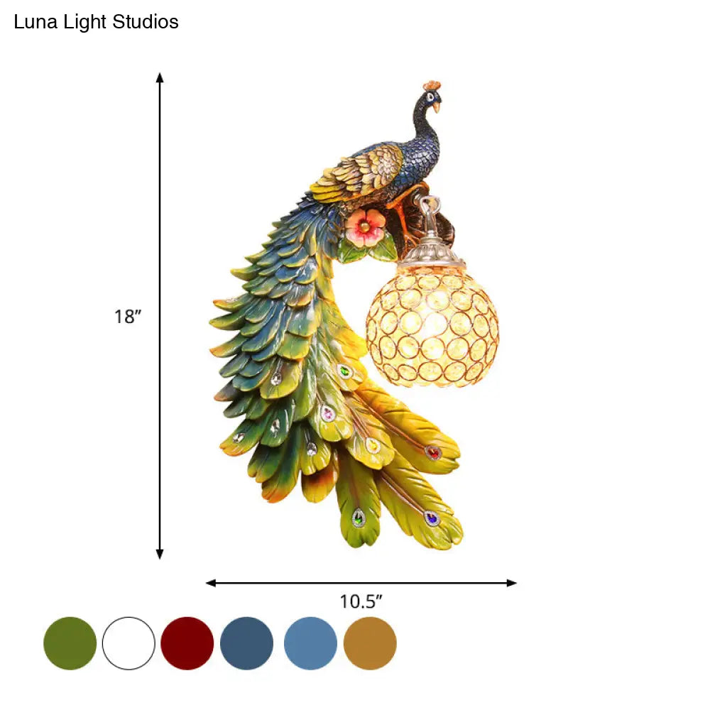 Peacock Wall Sconce - Single Head Cottage White/Red/Blue Resin Light Fixture With Crystal Shade