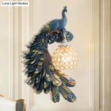 Peacock Wall Sconce - Single Head Cottage White/Red/Blue Resin Light Fixture With Crystal Shade