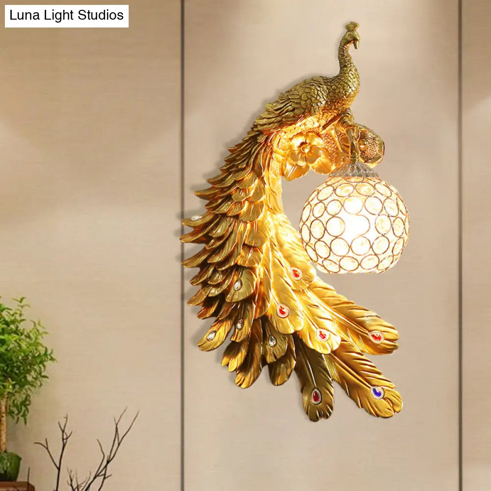 Peacock Wall Sconce - Single Head Cottage White/Red/Blue Resin Light Fixture With Crystal Shade