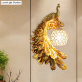 Peacock Wall Sconce - Single Head Cottage White/Red/Blue Resin Light Fixture With Crystal Shade