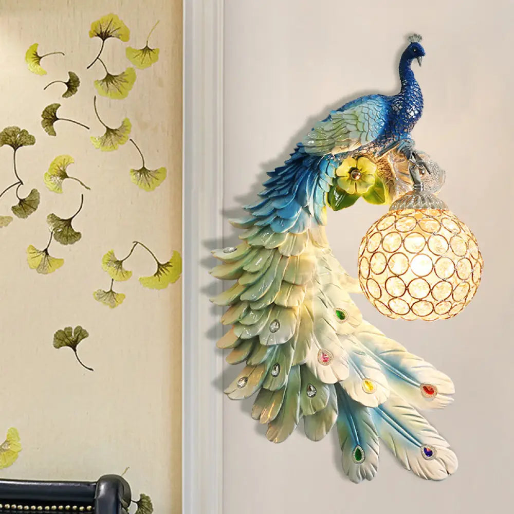 Peacock Wall Sconce - Single Head Cottage White/Red/Blue Resin Light Fixture With Crystal Shade