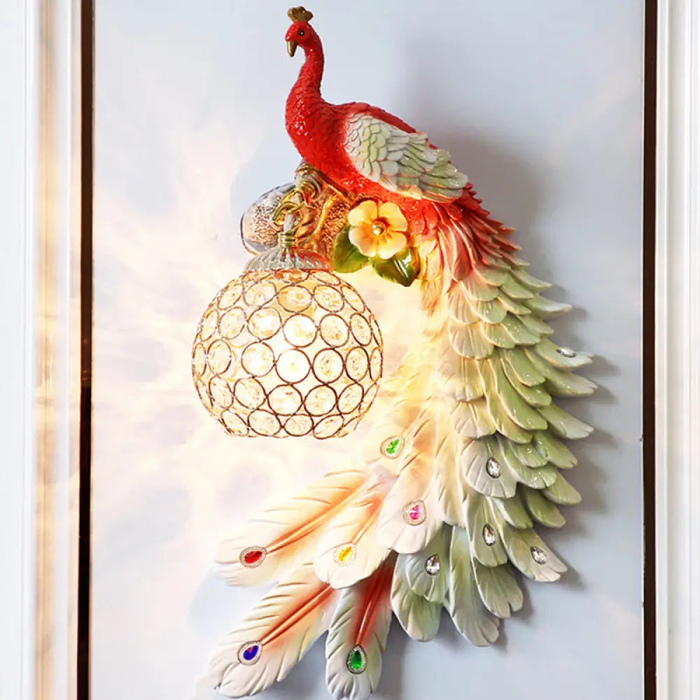 Peacock Wall Sconce - Single Head Cottage White/Red/Blue Resin Light Fixture With Crystal Shade