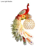 Peacock Wall Sconce - Single Head Cottage White/Red/Blue Resin Light Fixture With Crystal Shade