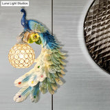 Peacock Wall Sconce - Single Head Cottage White/Red/Blue Resin Light Fixture With Crystal Shade