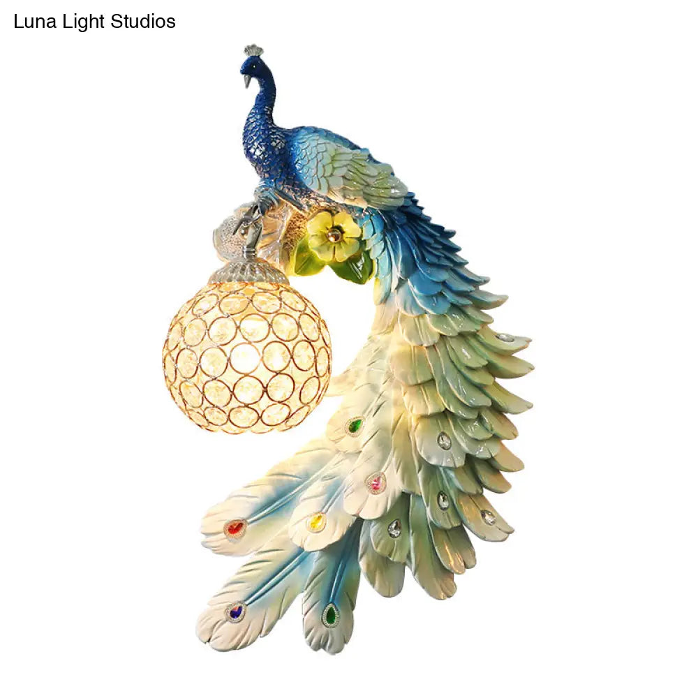 Peacock Wall Sconce - Single Head Cottage White/Red/Blue Resin Light Fixture With Crystal Shade