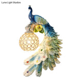 Peacock Wall Sconce - Single Head Cottage White/Red/Blue Resin Light Fixture With Crystal Shade