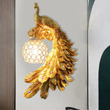 Peacock Wall Sconce - Single Head Cottage White/Red/Blue Resin Light Fixture With Crystal Shade