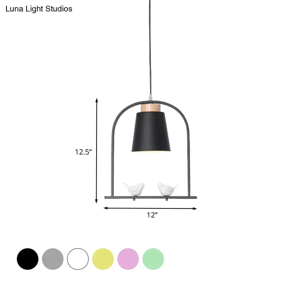 Pendulum Macaron Light Kit: Iron Bucket Lamp With Arch Frame & Bird Decor Grey/Yellow/Pink 1 Head