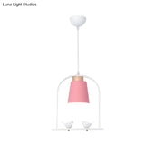 Pendulum Macaron Light Kit: Iron Bucket Lamp With Arch Frame & Bird Decor Grey/Yellow/Pink 1 Head