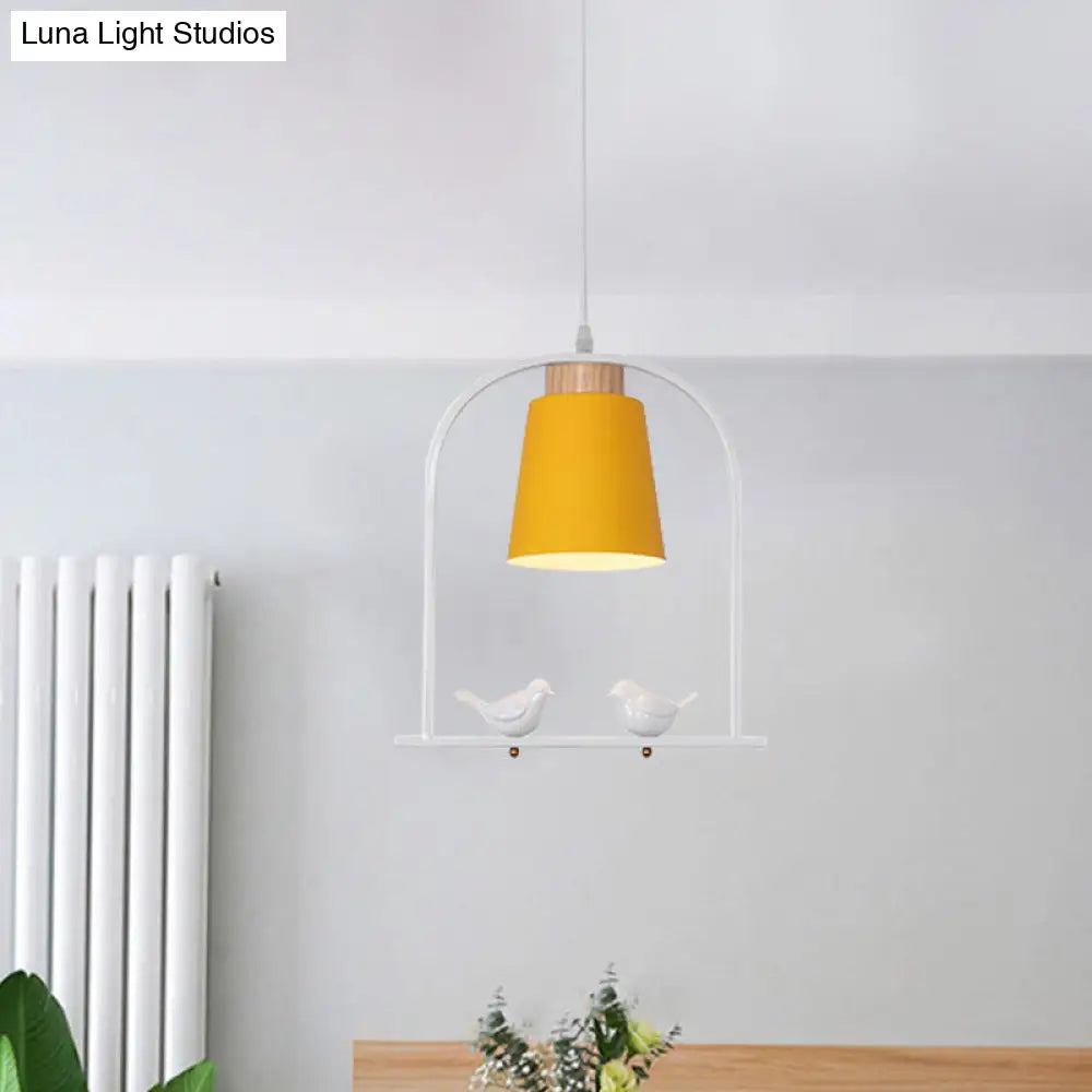 Pendulum Macaron Light Kit: Iron Bucket Lamp With Arch Frame & Bird Decor Grey/Yellow/Pink 1 Head