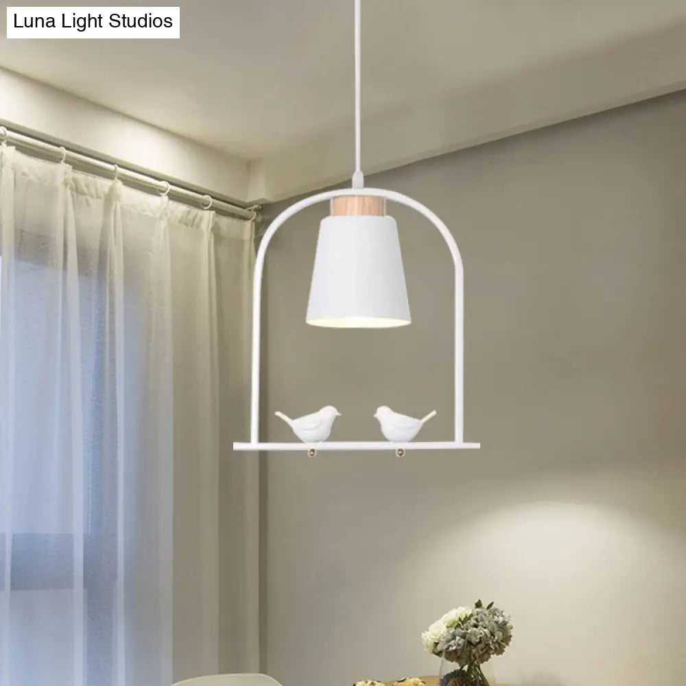 Pendulum Macaron Light Kit: Iron Bucket Lamp With Arch Frame & Bird Decor Grey/Yellow/Pink 1 Head