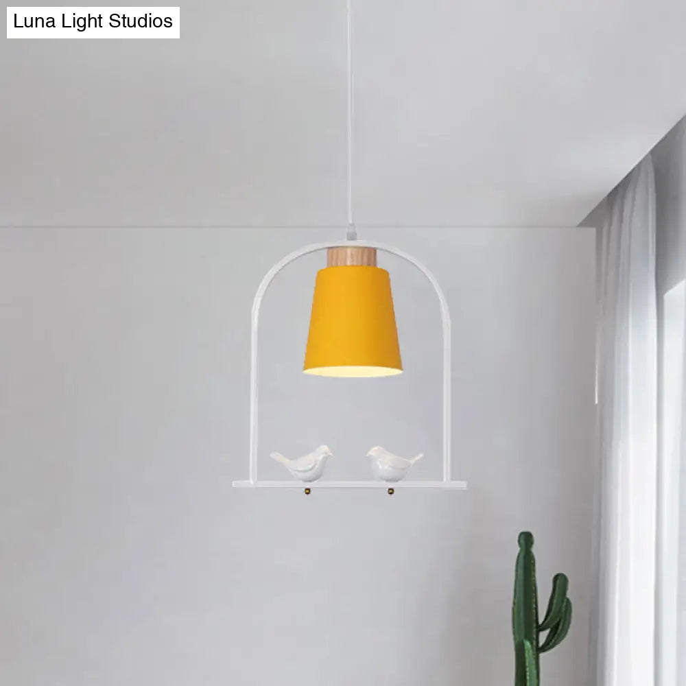 Pendulum Macaron Light Kit: Iron Bucket Lamp With Arch Frame & Bird Decor Grey/Yellow/Pink 1 Head