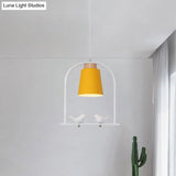Pendulum Macaron Light Kit: Iron Bucket Lamp With Arch Frame & Bird Decor Grey/Yellow/Pink 1 Head