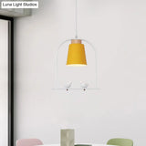 Pendulum Macaron Light Kit: Iron Bucket Lamp With Arch Frame & Bird Decor Grey/Yellow/Pink 1 Head