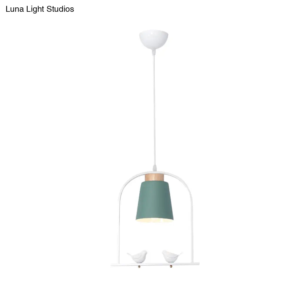 Pendulum Macaron Light Kit: Iron Bucket Lamp With Arch Frame & Bird Decor Grey/Yellow/Pink 1 Head