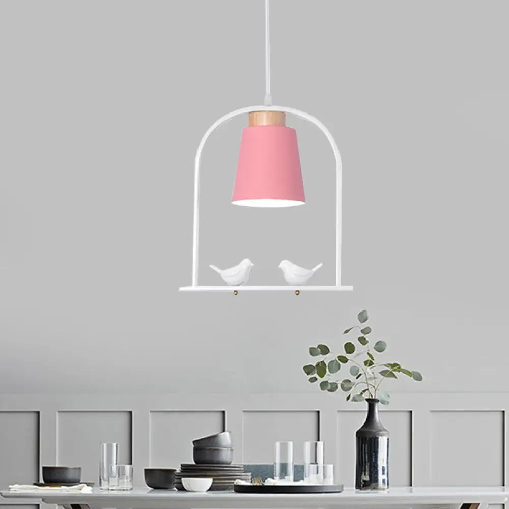 Pendulum Macaron Light Kit: Iron Bucket Lamp With Arch Frame & Bird Decor Grey/Yellow/Pink 1 Head