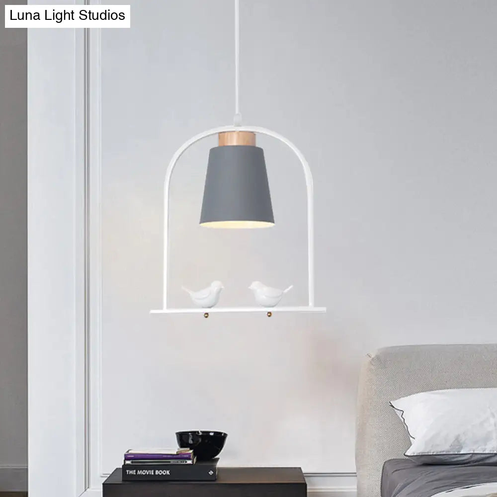 Pendulum Macaron Light Kit: Iron Bucket Lamp With Arch Frame & Bird Decor Grey/Yellow/Pink 1 Head