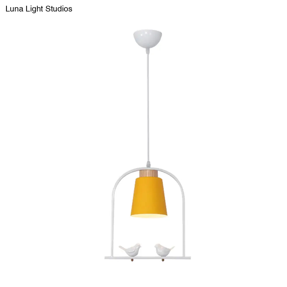 Pendulum Macaron Light Kit: Iron Bucket Lamp With Arch Frame & Bird Decor Grey/Yellow/Pink 1 Head