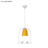 Pendulum Macaron Light Kit: Iron Bucket Lamp With Arch Frame & Bird Decor Grey/Yellow/Pink 1 Head