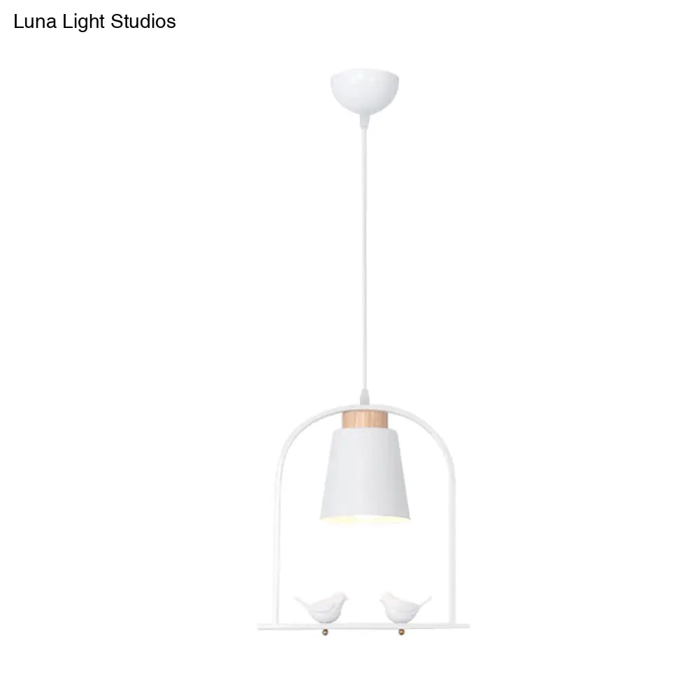 Pendulum Macaron Light Kit: Iron Bucket Lamp With Arch Frame & Bird Decor Grey/Yellow/Pink 1 Head