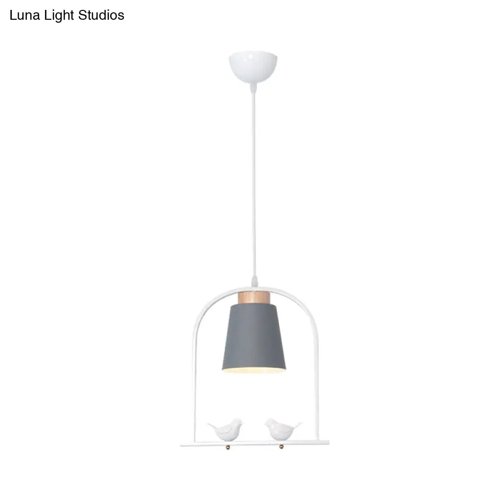 Pendulum Macaron Light Kit: Iron Bucket Lamp With Arch Frame & Bird Decor Grey/Yellow/Pink 1 Head