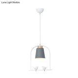 Pendulum Macaron Light Kit: Iron Bucket Lamp With Arch Frame & Bird Decor Grey/Yellow/Pink 1 Head