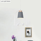 Pendulum Macaron Light Kit: Iron Bucket Lamp With Arch Frame & Bird Decor Grey/Yellow/Pink 1 Head