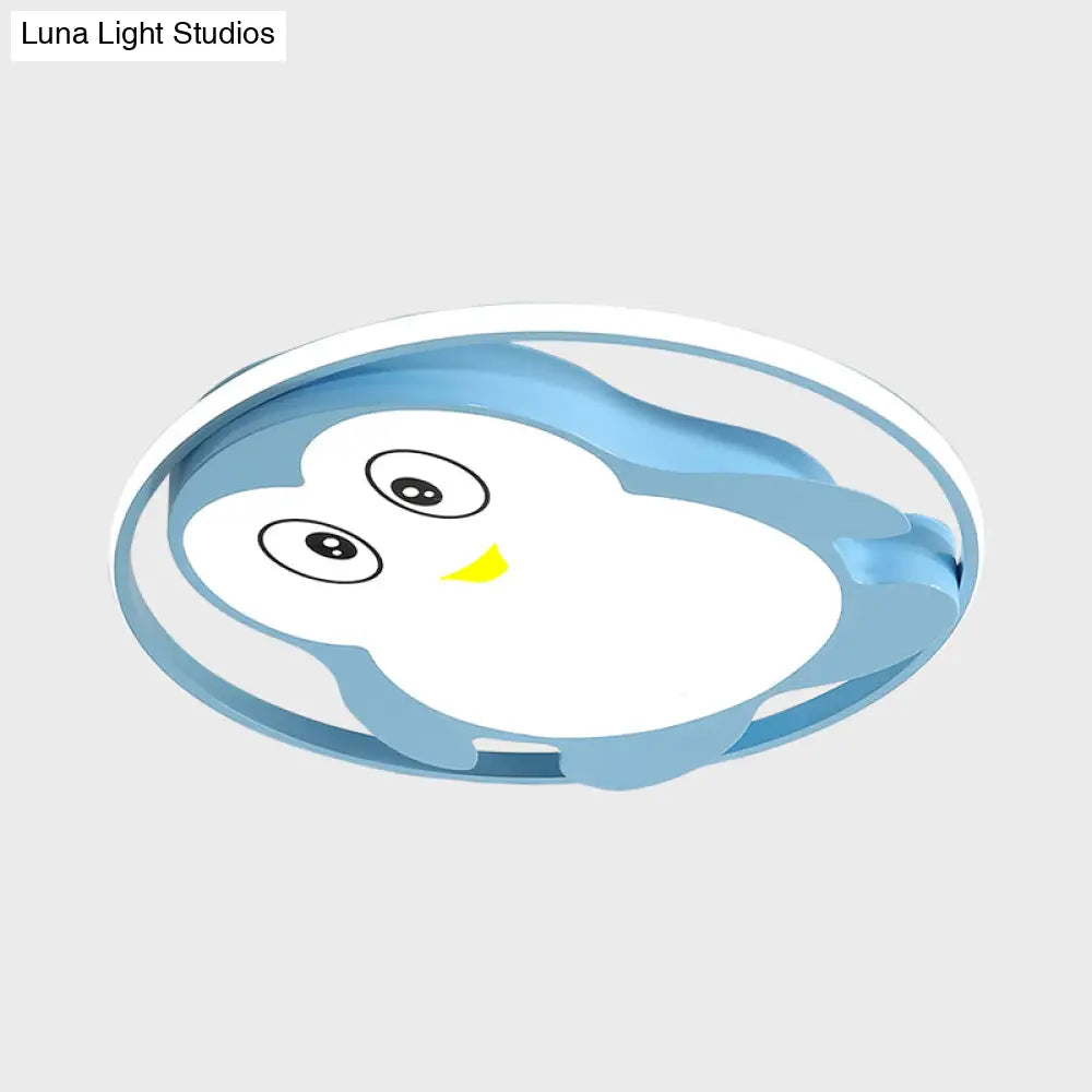 Penguin Led Acrylic Flushmount Ceiling Fixture For Kids’ Bedroom - Pink/Blue Finish