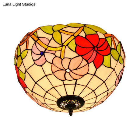 Peony Ceiling Light - Tiffany Bronze Stained Glass Flush Mount Fixture For Bedroom