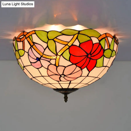 Peony Ceiling Light - Tiffany Bronze Stained Glass Flush Mount Fixture For Bedroom