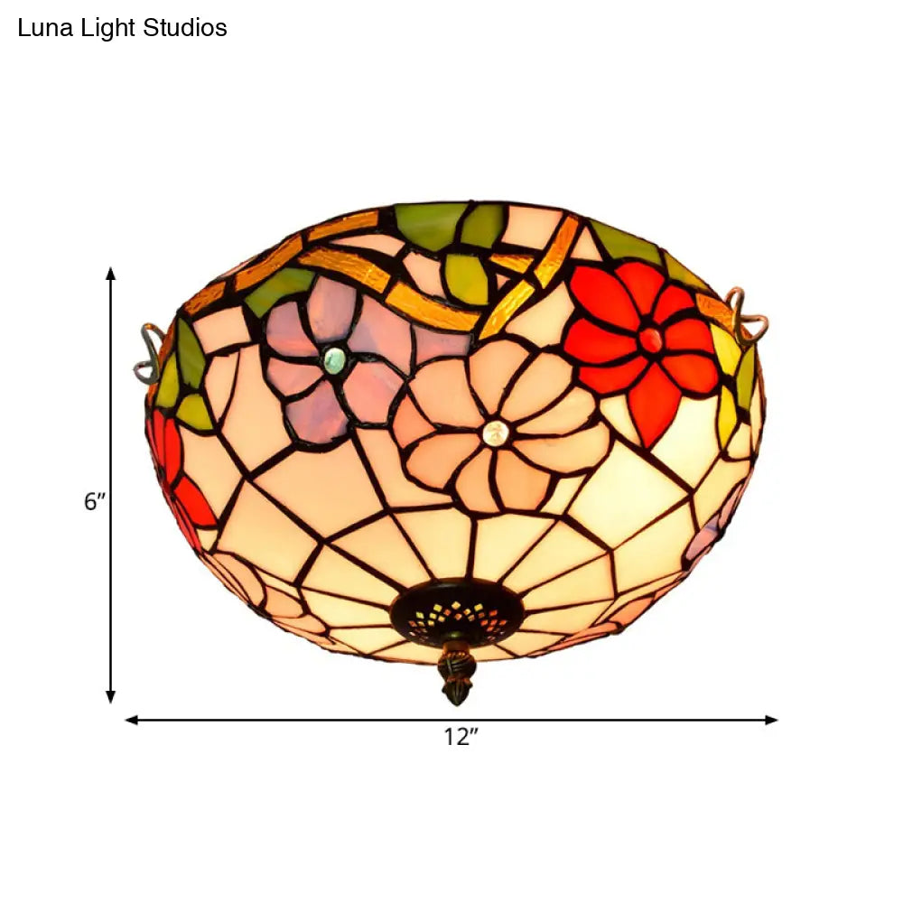 Peony Ceiling Light - Tiffany Bronze Stained Glass Flush Mount Fixture For Bedroom