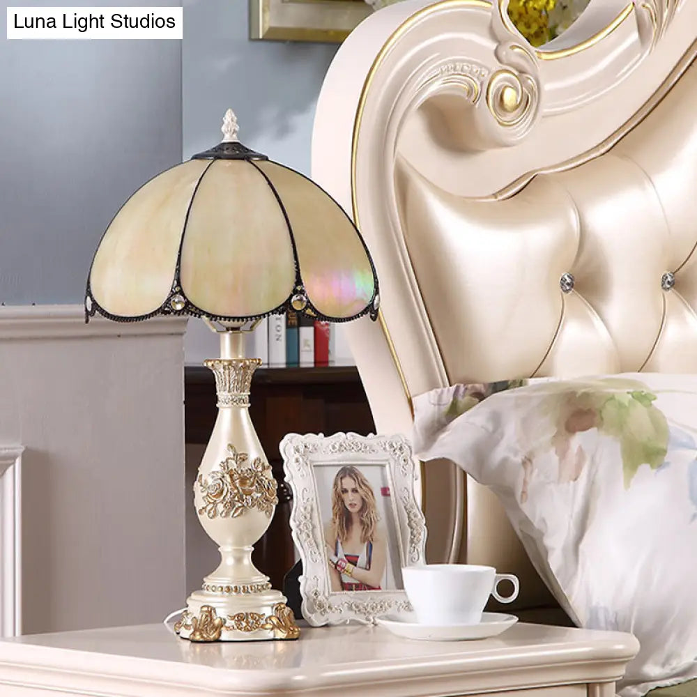 Petals Nightstand Light: Single-Bulb Beige Glass Table Lamp With Carved Vase Base