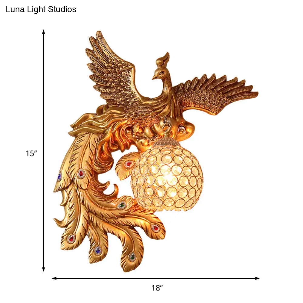 Phoenix Sconce Lighting Resin Wall Lamp With Crystal Dome Shade - Lodge Style Gold Finish