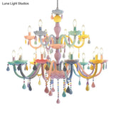Pink Candle Style Hanging Light Kids Multicolored Glass Chandelier - Perfect For Baby Room