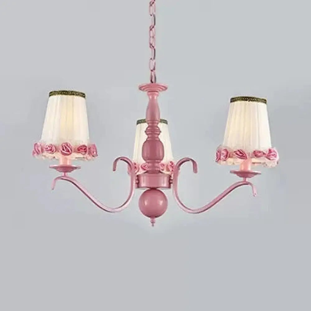 Pink Flower Chandelier: Fabric Tapered Shade Kids Hanging Light For Girls Bedroom 3 /