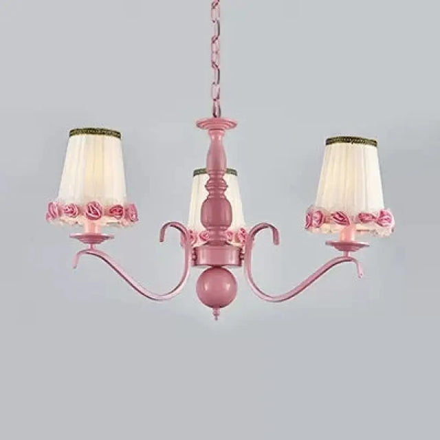 Pink Flower Chandelier: Fabric Tapered Shade Kids Hanging Light For Girls Bedroom 3 /