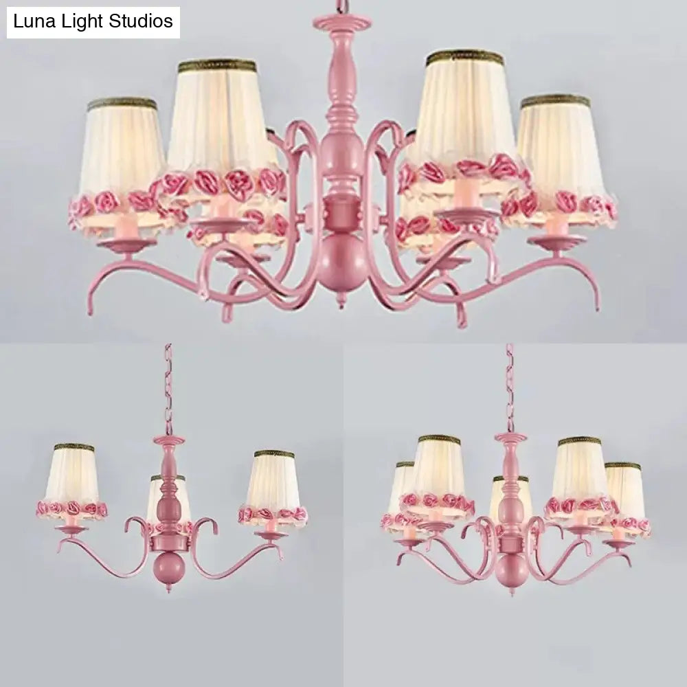 Pink Flower Chandelier: Fabric Tapered Shade Kids Hanging Light For Girls Bedroom