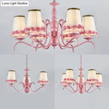 Pink Flower Chandelier: Fabric Tapered Shade Kids Hanging Light For Girls Bedroom