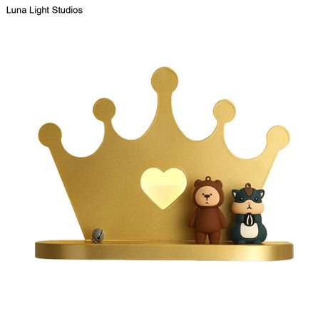 Pink/Gold Crown Led Wall Sconce For Kids Bedside Lighting - Metal Mounted Light