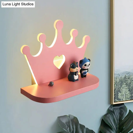 Pink/Gold Crown Led Wall Sconce For Kids Bedside Lighting - Metal Mounted Light
