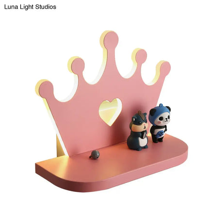 Pink/Gold Crown Led Wall Sconce For Kids Bedside Lighting - Metal Mounted Light