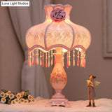 Pink Korean Garden Scalloped Table Lamp For Bedroom With Drape And Vase Base